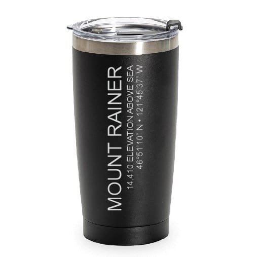 A black cup with the words mount rainier written on it.